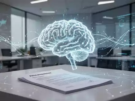 Leuchtendes KI-Gehirn-Symbol über digitalem Dokument mit abstrakten Datenströmen, symbolisiert KI-gestützte Dokumentenerstellung. - Foto: über boerse-global.de