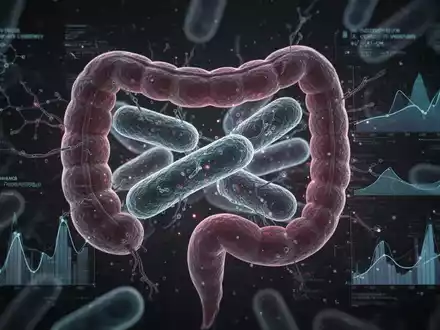 Mikroskopische Darstellung von Darmbakterien mit abstrakten digitalen Überlagerungen, die ein Frühwarnsystem für Diabetes symbolisieren. - Foto: über boerse-global.de