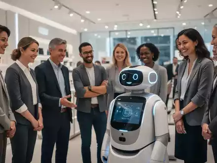 Moderner Serviceroboter mit Bildschirmgesicht interagiert mit Menschen in einem hellen, sauberen Einzelhandelsgeschäft. - Foto: über boerse-global.de