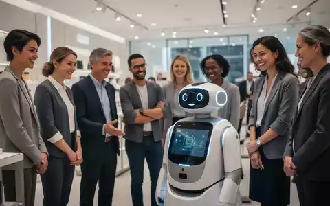 Moderner Serviceroboter mit Bildschirmgesicht interagiert mit Menschen in einem hellen, sauberen Einzelhandelsgeschäft. - Foto: über boerse-global.de