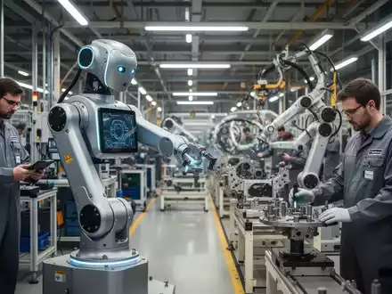 Ein humanoider Roboter mit schlankem, metallischem Design arbeitet an einer Automobilmontagelinie, im Hintergrund verschwommene menschliche Arbeiter und Autoteile. - Foto: über boerse-global.de