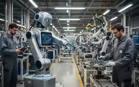 Ein humanoider Roboter mit schlankem, metallischem Design arbeitet an einer Automobilmontagelinie, im Hintergrund verschwommene menschliche Arbeiter und Autoteile. - Foto: über boerse-global.de