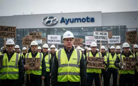 Arbeiter in Warnwesten und Helmen protestieren vor einer modernen Autofabrik gegen Umstrukturierungspläne. - Foto: über boerse-global.de