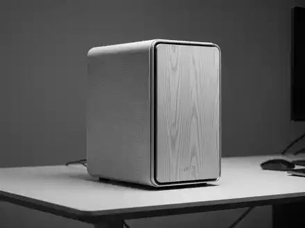 Moderner, kompakter Mini-Tower-Desktop-Computer mit hellgrauer Stofffront, auf einem minimalistischen Schreibtisch. - Foto: über boerse-global.de