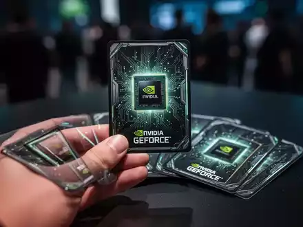 Eine Hand hält eine futuristische NVIDIA GeForce Sammelkarte, weitere Karten fächern sich auf einer dunklen, reflektierenden Oberfläche. - Foto: über boerse-global.de