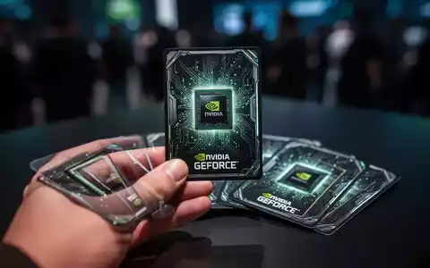 Eine Hand hält eine futuristische NVIDIA GeForce Sammelkarte, weitere Karten fächern sich auf einer dunklen, reflektierenden Oberfläche. - Foto: über boerse-global.de