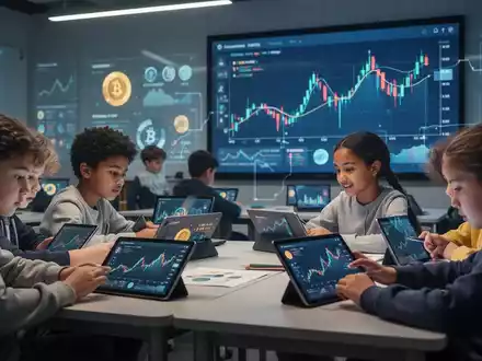 Junge Schüler lernen auf Tablets über digitale Finanzen, mit Bildschirmen, die Kryptowährung und Finanzdaten zeigen. - Foto: über boerse-global.de