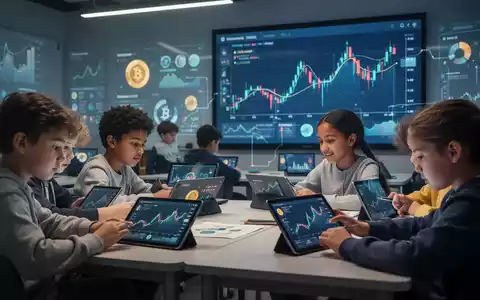 Junge Schüler lernen auf Tablets über digitale Finanzen, mit Bildschirmen, die Kryptowährung und Finanzdaten zeigen. - Foto: über boerse-global.de