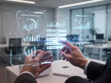 Hände interagieren mit einer holografischen Benutzeroberfläche, die Produktivitätsmetriken und eine Aufgabenliste in einem modernen Büro anzeigt. - Foto: über boerse-global.de