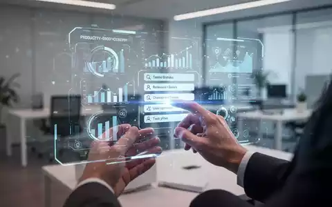 Hände interagieren mit einer holografischen Benutzeroberfläche, die Produktivitätsmetriken und eine Aufgabenliste in einem modernen Büro anzeigt. - Foto: über boerse-global.de