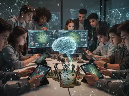 Jugendliche und junge Erwachsene spielen strategische und Rollenspiele auf Tablets und Computern, mit abstraktem neuronalem Netzwerk-Overlay. - Foto: über boerse-global.de