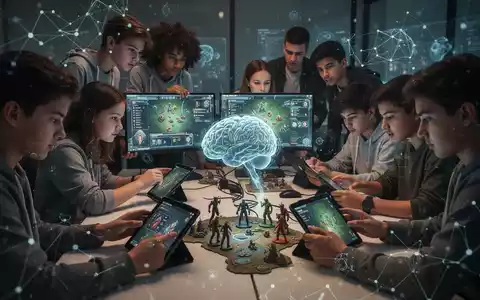 Jugendliche und junge Erwachsene spielen strategische und Rollenspiele auf Tablets und Computern, mit abstraktem neuronalem Netzwerk-Overlay. - Foto: über boerse-global.de
