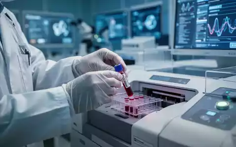 Hände eines Wissenschaftlers in einem Laborkittel, die eine Blutprobe in eine Laboranalysemaschine einlegen, im Hintergrund verschwommene Geräte. - Foto: über boerse-global.de