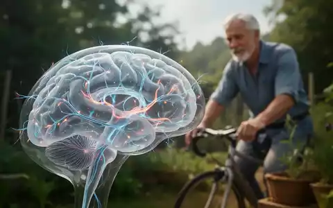 Ein detailliertes Modell eines gesunden Gehirns mit leuchtenden neuronalen Pfaden und einer unscharfen Person, die im Hintergrund Sport treibt. - Foto: über boerse-global.de