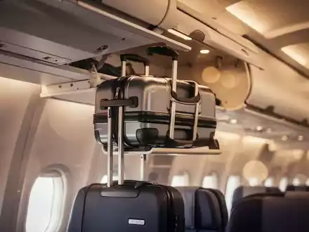 Ein Handgepäckkoffer wird in das Gepäckfach eines modernen Flugzeugs geschoben, um die neuen EU-Regeln zu illustrieren. - Foto: über boerse-global.de