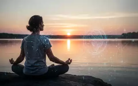 Eine Person meditiert am Wasser bei Sonnenuntergang, umgeben von ruhigen Farben und angedeuteten digitalen Elementen. - Foto: über boerse-global.de