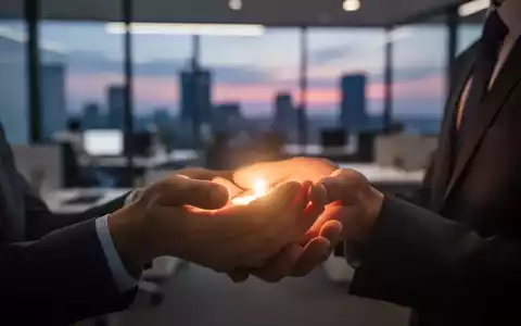 Hände halten sanft ein leuchtendes Licht, im Hintergrund eine verschwommene Büroumgebung, symbolisiert Ruhe und Energie. - Foto: über boerse-global.de