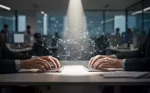 Ein fokussierter Lichtstrahl beleuchtet digitale Datenpunkte und menschliche Hände an einem Schreibtisch in einem modernen Büro. - Foto: über boerse-global.de