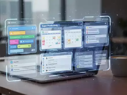 Leuchtendes digitales Interface mit Kanban-Boards und Kalendern, überlagert auf einem verschwommenen modernen Arbeitsplatz. - Foto: über boerse-global.de