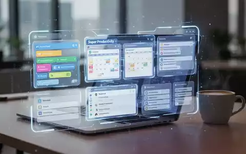 Leuchtendes digitales Interface mit Kanban-Boards und Kalendern, überlagert auf einem verschwommenen modernen Arbeitsplatz. - Foto: über boerse-global.de