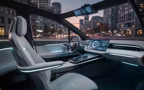 Innenraum eines futuristischen fahrerlosen Autos mit leerem Raum, wo das Lenkrad wäre, und digitalem Display. - Foto: über boerse-global.de