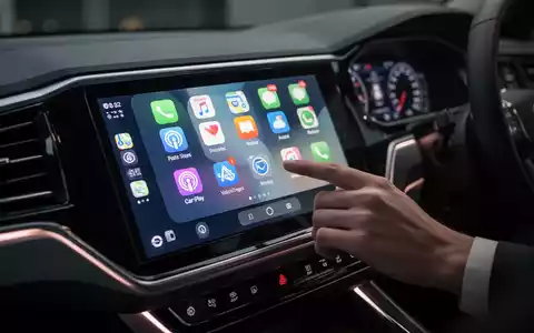 Modernes Auto-Armaturenbrett mit Apple CarPlay-Oberfläche und App-Symbolen, beleuchtet durch sanftes Umgebungslicht. - Foto: über boerse-global.de