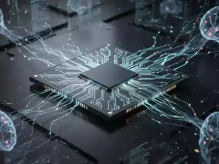 Ein stilisierter, futuristischer GPU-Chip mit leuchtenden Schaltkreisen auf dunkler Oberfläche, umgeben von abstrakten Datenströmen, symbolisiert KI-Hardware-Innovation. - Foto: über boerse-global.de