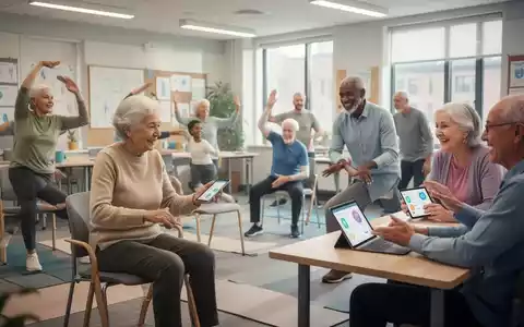 Eine Gruppe von Erwachsenen und Senioren nimmt an einem Gesundheitskurs in einer modernen Volkshochschule teil, einige machen Yoga, andere lernen digitales Gesundheitswesen. - Foto: über boerse-global.de