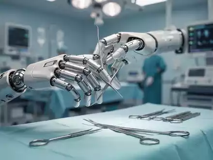 Nahaufnahme einer humanoiden Roboterhand mit chirurgischem Instrument über einem OP-Tisch, symbolisiert Roboterchirurgie. - Foto: über boerse-global.de
