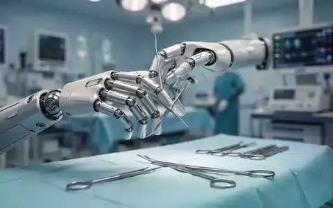 Nahaufnahme einer humanoiden Roboterhand mit chirurgischem Instrument über einem OP-Tisch, symbolisiert Roboterchirurgie. - Foto: über boerse-global.de