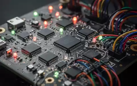 Nahaufnahme einer kundenspezifischen Platine mit tausenden kleinen Mikrocontrollern und feiner Verkabelung, sanft leuchtend. - Foto: über boerse-global.de