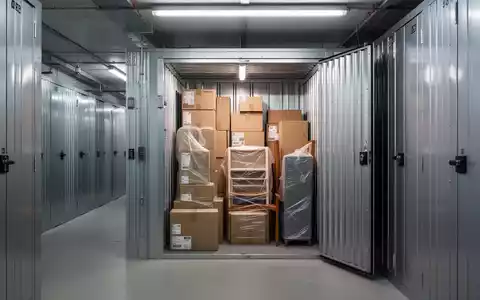 Ein modernes, sauberes Self-Storage-Lager in Berlin mit Reihen von Lagereinheiten und einem geöffneten Abteil mit Umzugskartons. - Foto: über boerse-global.de