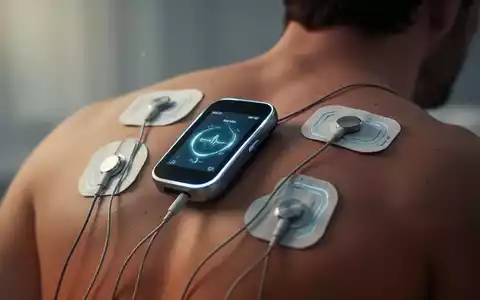 Nahaufnahme eines Rückens mit TENS-Elektrodenpads, die an ein modernes TENS-Gerät angeschlossen sind, das auf der Haut befestigt ist. - Foto: über boerse-global.de