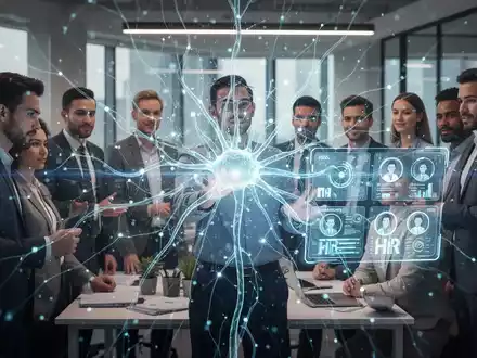 Eine futuristische Darstellung von KI im Personalwesen mit einem neuronalen Netzwerk über Fachleuten in einem modernen Büro. - Foto: über boerse-global.de