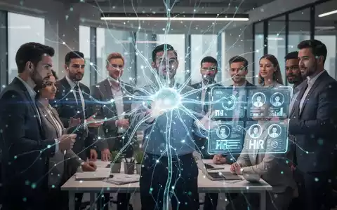 Eine futuristische Darstellung von KI im Personalwesen mit einem neuronalen Netzwerk über Fachleuten in einem modernen Büro. - Foto: über boerse-global.de