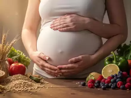 Eine schwangere Frau hält ihren Bauch, umgeben von gesunden Lebensmitteln, die eine ausgewogene Ernährung symbolisieren. - Foto: über boerse-global.de