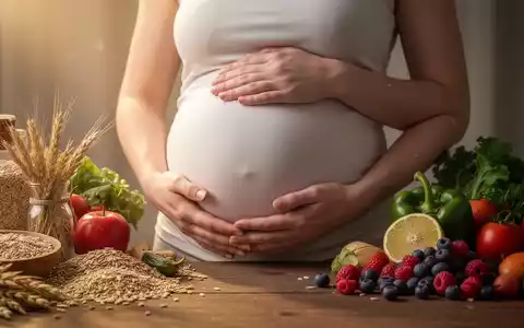 Eine schwangere Frau hält ihren Bauch, umgeben von gesunden Lebensmitteln, die eine ausgewogene Ernährung symbolisieren. - Foto: über boerse-global.de