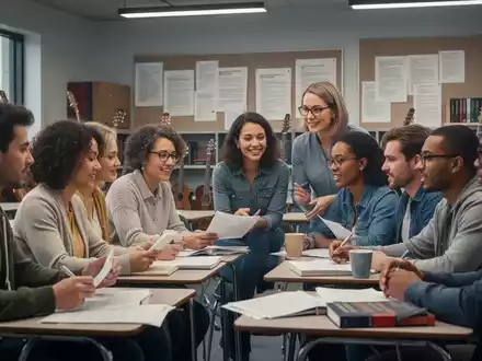 Eine Gruppe Erwachsener lernt in einem modernen Klassenzimmer, umgeben von Noten und Büchern, was Bildung und Recht darstellt. - Foto: über boerse-global.de
