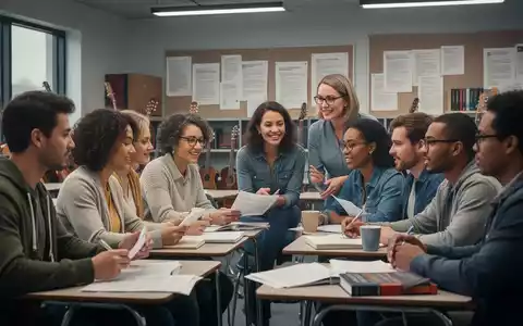 Eine Gruppe Erwachsener lernt in einem modernen Klassenzimmer, umgeben von Noten und Büchern, was Bildung und Recht darstellt. - Foto: über boerse-global.de