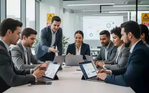 Führungskräfte nehmen an einer digitalen Arbeitsschutzschulung in einem modernen Büro teil, mit Tablets und Laptops. - Foto: über boerse-global.de