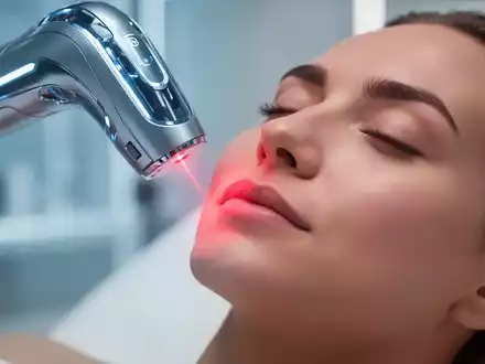 Nahaufnahme eines Softlasers, der sanft rotes Licht auf die Haut eines Gesichts abstrahlt, um Falten zu behandeln. - Foto: über boerse-global.de