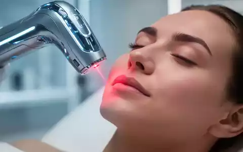 Nahaufnahme eines Softlasers, der sanft rotes Licht auf die Haut eines Gesichts abstrahlt, um Falten zu behandeln. - Foto: über boerse-global.de
