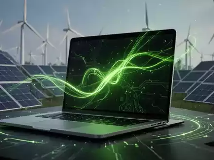 Ein moderner Laptop mit einem Bildschirm, der grüne Energielinien anzeigt, umgeben von Solarpanels und Windturbinen. - Foto: über boerse-global.de