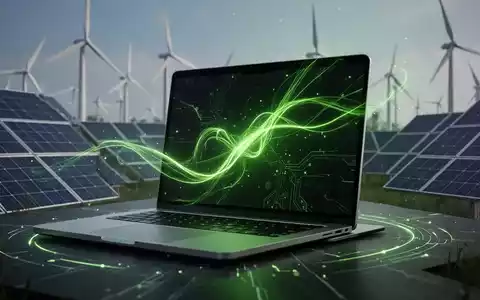 Ein moderner Laptop mit einem Bildschirm, der grüne Energielinien anzeigt, umgeben von Solarpanels und Windturbinen. - Foto: über boerse-global.de