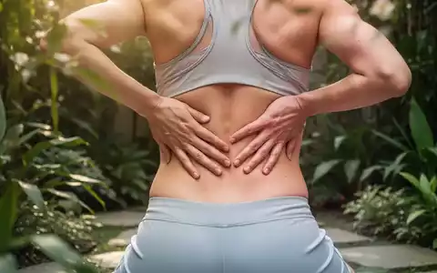 Eine Person wendet Shiatsu-Selbstmassage auf ihrem unteren Rücken in einem ruhigen Garten an, um Schmerzen zu lindern. - Foto: über boerse-global.de