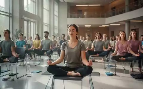 Eine Gruppe von Menschen praktiziert Stuhl-Yoga oder Meditation in einem modernen, ruhigen institutionellen Raum mit sanftem Licht. - Foto: über boerse-global.de