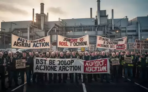 Arbeiter streiken vor einem großen Automobilwerk, halten Transparente und demonstrieren für Arbeitsplatzerhaltung. - Foto: über boerse-global.de