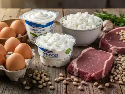 Nahaufnahme verschiedener proteinreicher Lebensmittel wie Eier, Magerquark, Hüttenkäse und Fleisch auf einem Holztisch. - Foto: über boerse-global.de
