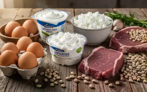 Nahaufnahme verschiedener proteinreicher Lebensmittel wie Eier, Magerquark, Hüttenkäse und Fleisch auf einem Holztisch. - Foto: über boerse-global.de
