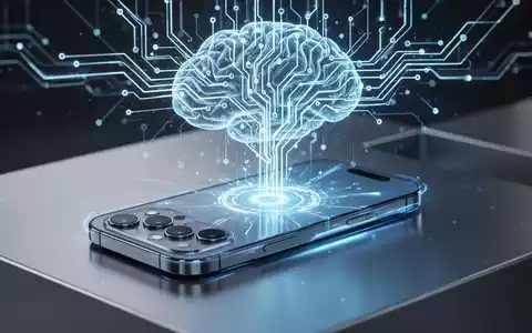 Glühendes iPhone 17 Pro auf metallischer Oberfläche, darüber komplexes, ätherisches blaues neuronales Netzwerk als Symbol für KI auf dem Gerät. - Foto: über boerse-global.de